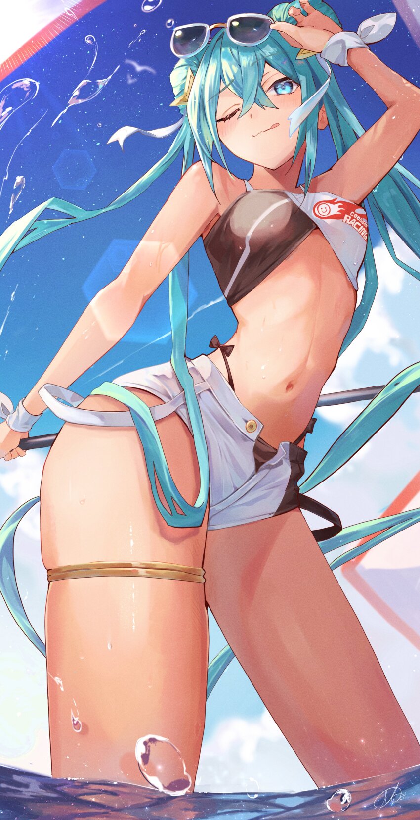 absurdres, adapted_costume, adjusting_eyewear, aqua_eyes, aqua_hair, arched_back, bare_arms, bikini