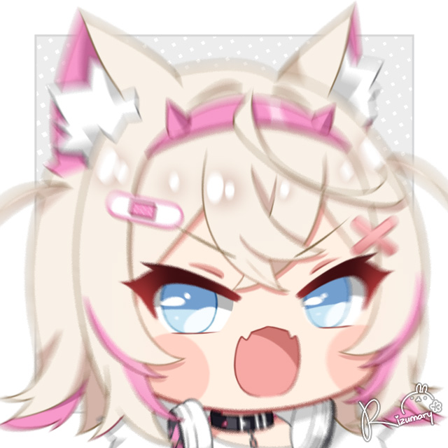 1girl, animal_ear_fluff, animal_ears, bandaid, bandaid_hair_ornament, black_collar, blonde_hair, blue_eyes, blurry, blush_stickers, chibi, close-up, collar, dog_ears, dog_girl, fangs, fpsmoe, hair_ornament, hairband, headphones, headphones_around_neck, hoeh_(meme), hololive, hololive_english, meme, mococo_abyssgard, mococo_abyssgard_(1st_costume), multicolored_hair, open_mouth, pink_hair, pink_hairband, short_hair, skin_fangs, solo, spiked_hairband, spikes, two-tone_hair, two_side_up, virtual_youtuber, x_hair_ornament