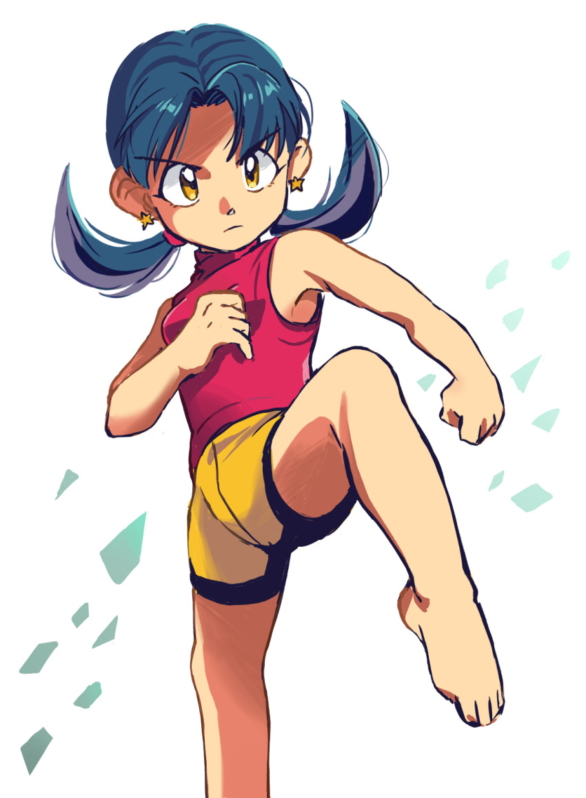 1girl, bare_arms, bare_legs, bare_shoulders, barefoot, blue_hair, clenched_hand, closed_mouth, commentary_request, earrings, fighting_stance, foot_out_of_frame, highres, jewelry, kris_(pokemon), leg_up, medium_hair, nintendo, no_socks, parted_bangs, pokemon, pokemon_adventures, red_shirt, serious, shirt, shorts, sleeveless, sleeveless_shirt, solo, star_(symbol), star_earrings, tommmmieee, twintails, yellow_eyes, yellow_shorts