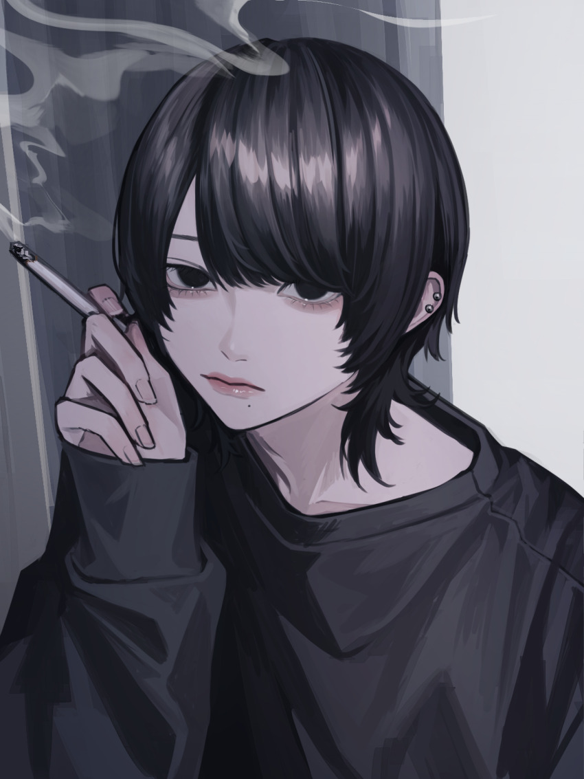 1girl, black_eyes, black_hair, black_sweater, cigarette, closed_mouth, commentary_request, curtains