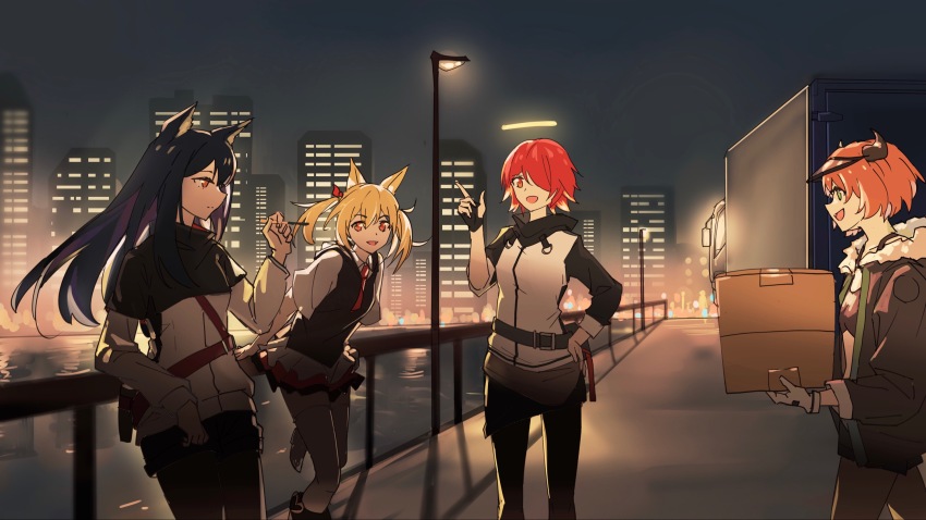 4girls, :d, aling539, animal_ears, arknights, black_capelet, black_gloves, black_jacket