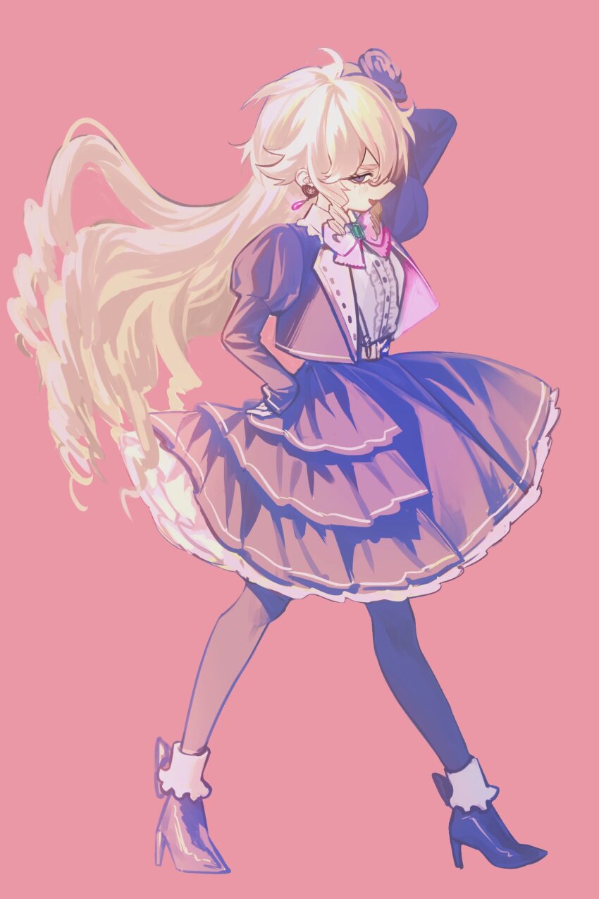 1girl, arm_behind_head, black_jacket, black_pantyhose, black_skirt, blonde_hair, bow, bowtie