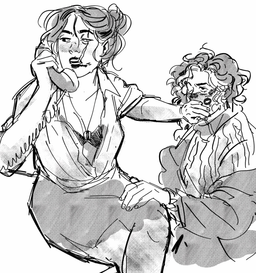 2girls, blush, bra, coat, corded_phone, covering_another's_mouth, dream_smp, facial_scar