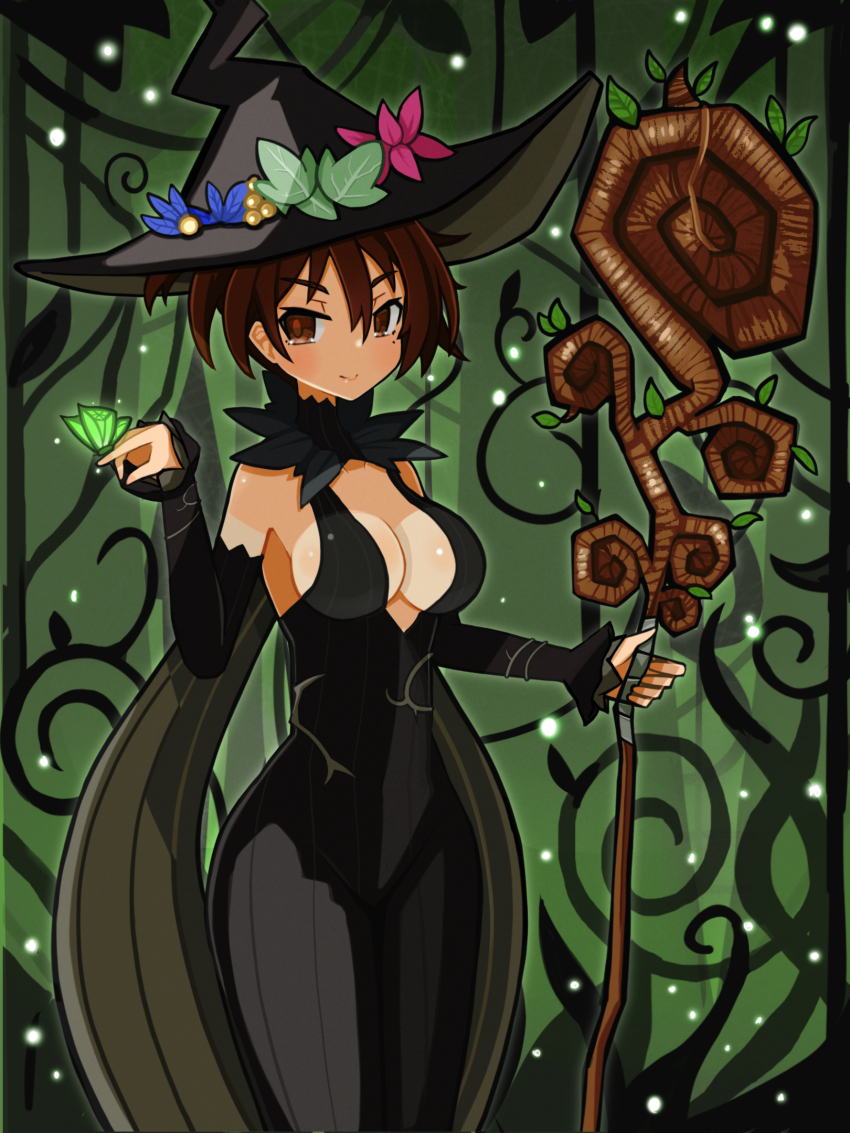 1girl, black_dress, blush, breasts, brown_eyes, brown_hair, bug, butterfly, butterfly_on_hand, cleavage, detached_sleeves, dress, eyelashes, glowing_butterfly, green_background, green_butterfly, hair_between_eyes, hat, highres, holding, holding_staff, insect, leaf, long_hair, looking_at_viewer, majo_to_hyakkihei, malia, medium_breasts, mole, mole_under_eye, ponytail, shiny_skin, short_ponytail, smile, solo, staff, standing, suaman, witch_hat