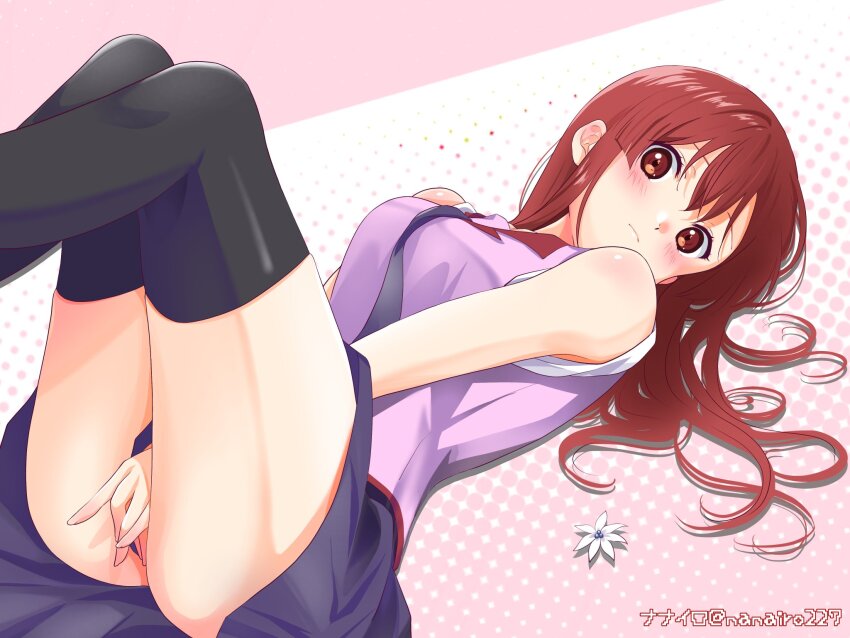 1girl, 22/7, artist_name, bakemonogatari, black_necktie, black_thighhighs, blush, cosplay, covering_crotch, covering_privates, feet_out_of_frame, flower, highres, legs_up, long_hair, lying, monogatari_(series), nanairo_(nanairo227), naoetsu_high_school_uniform, necktie, on_back, pink_shirt, purple_necktie, purple_skirt, red_eyes, red_hair, sato_reika, school_uniform, senjougahara_hitagi, senjougahara_hitagi_(cosplay), shirt, skirt, skirt_tug, sleeveless, solo, thighhighs, white_flower