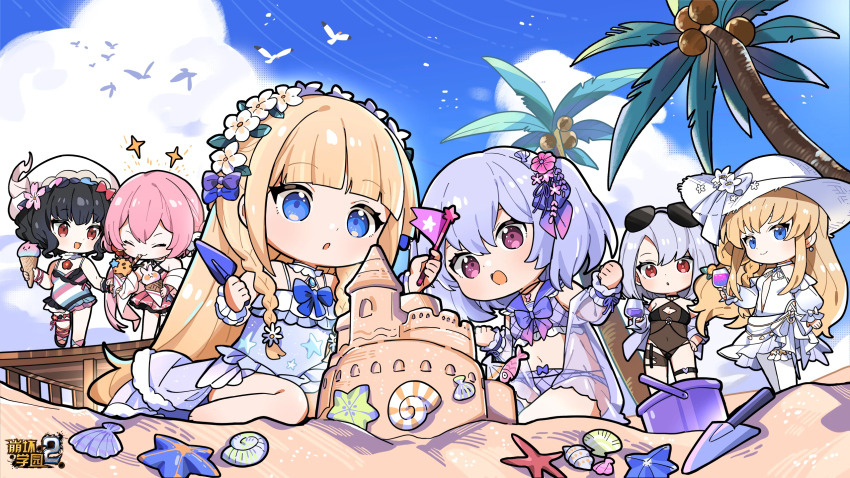 6+girls, bare_shoulders, beach, bikini, black_bikini, black_hair, blonde_hair, blue_eyes