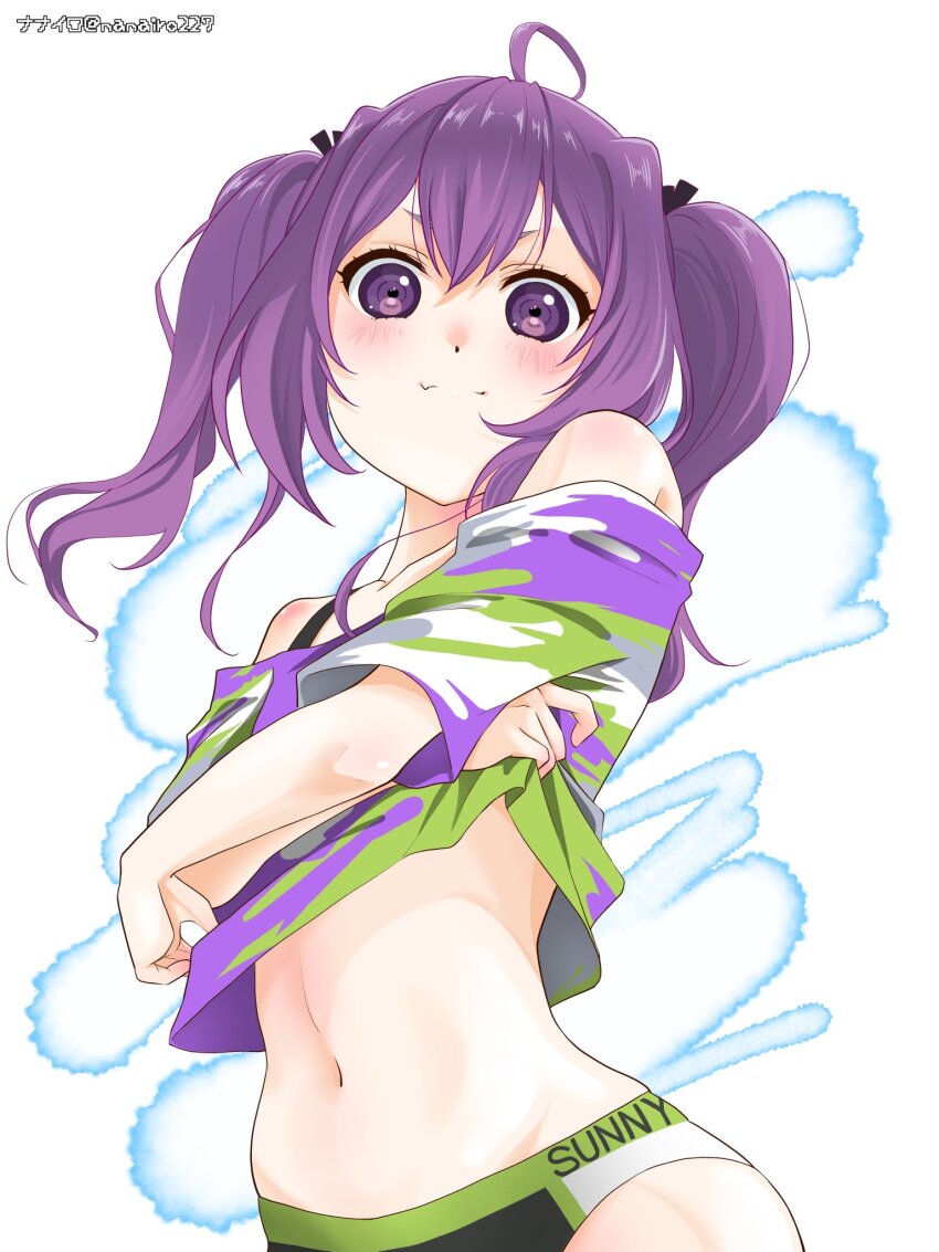 1girl, 22/7, ahoge, artist_name, bare_shoulders, bikini, black_ribbon, cowboy_shot