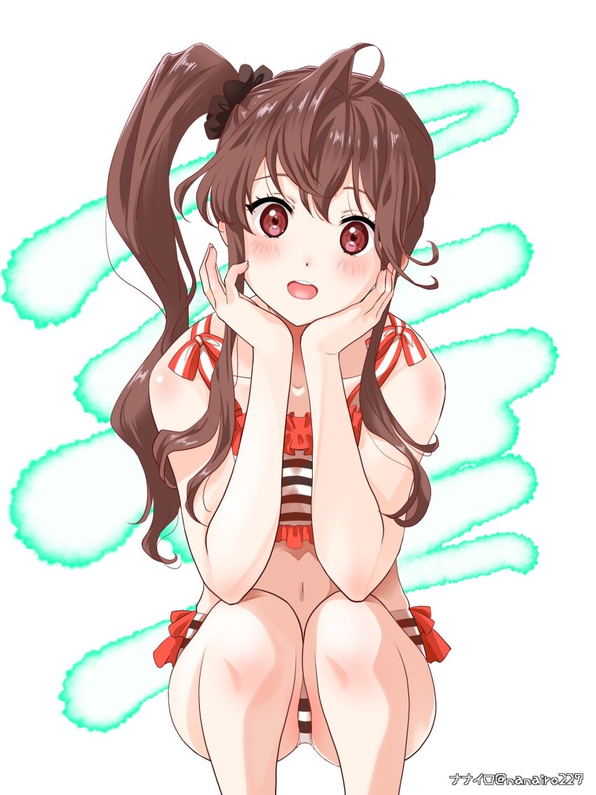1girl, 22/7, artist_name, bikini, brown_eyes, brown_hair, brown_scrunchie, collarbone
