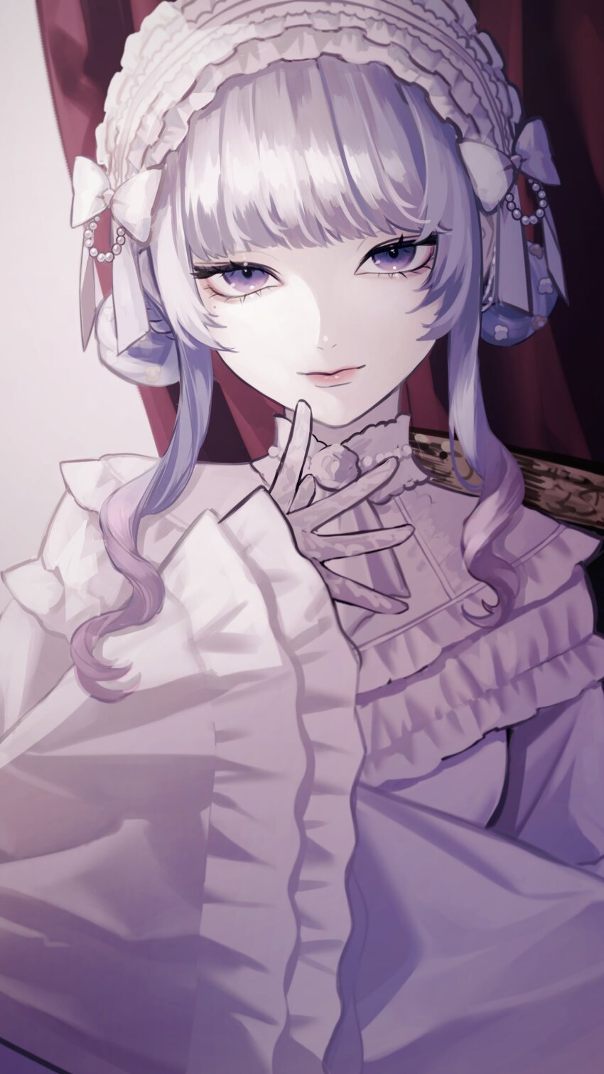 1girl, absurdres, closed_mouth, double_bun, dress, frilled_dress, frilled_hairband, frills