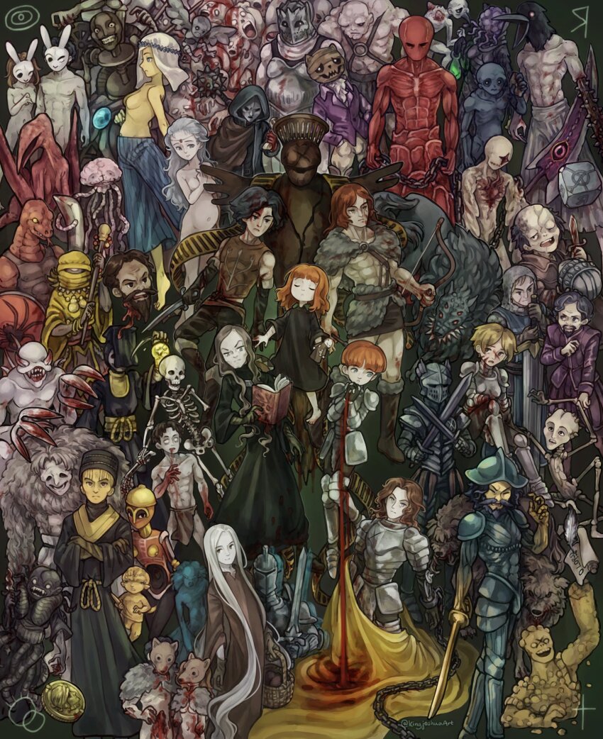 6+boys, 6+girls, abs, armor, barefoot, black_hair, blood, blood_on_clothes, blue_pants, bob_cut, book, boots, brown_hair, brown_robe, buckman_(fear_&amp;_hunger), cahara_(fear_&amp;_hunger), character_request, child, cloak, closed_eyes, coin, colored_skin, commentary, crow_mauler, d'arce_(fear_&amp;_hunger), disembodied_head, dual_wielding, enki_(fear_&amp;_hunger), fear_&amp;_hunger, fear_&amp;_hunger_(series), fear_&amp;_hunger_1, francois_(fear_&amp;_hunger), fur_cloak, highres, holding, holding_book, holding_sword, holding_weapon, hood, isayah_(fear_&amp;_hunger), kingjoshua, long_hair, mask, medium_hair, monster, moonless_(fear_&amp;_hunger), multiple_boys, multiple_girls, muscular, muscular_male, nas'hrah_(fear_&amp;_hunger), nilvan_(fear_&amp;_hunger), no_nipples, nosramus_(fear_&amp;_hunger), nude, open_mouth, orange_hair, pants, pocketcat_(fear_&amp;_hunger), prison_guard_(fear_&amp;_hunger), rabbit_mask, ragnvaldr_(fear_&amp;_hunger), red_hair, ribbed_pants, robe, ronn_chambara_(fear_&amp;_hunger), ser_seymor_(fear_&amp;_hunger), skeleton, spoilers, standing, statue, sword, the_god_of_fear_and_hunger, topless_female, valteil_(fear_&amp;_hunger), very_long_hair, weapon, white_hair, wolf, wolf_mask, yellow_skin