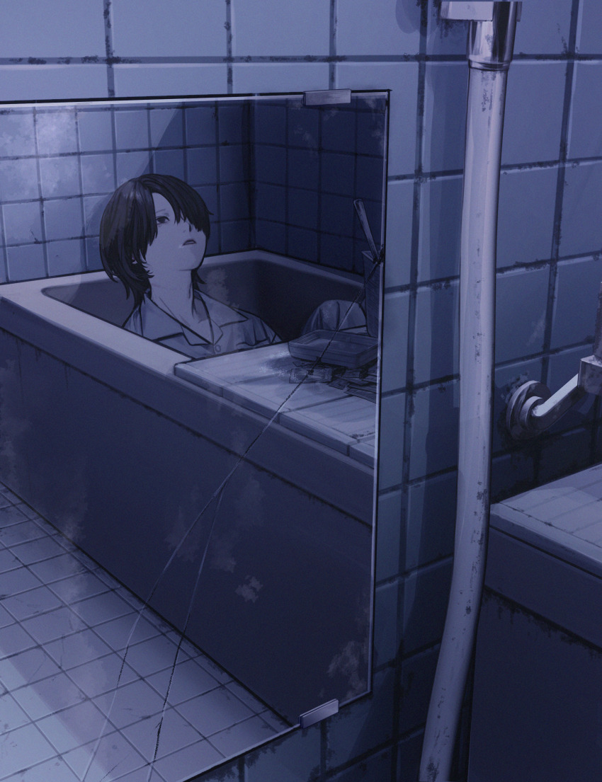 1boy, absurdres, bathroom, bathtub, black_eyes, black_hair, collared_shirt, crying
