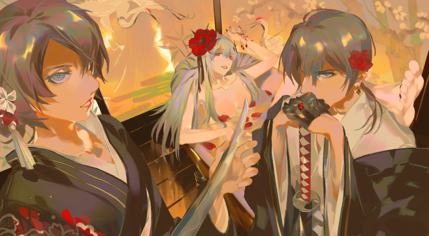 1boy, 2girls, absurdres, alternate_costume, bathing, bathtub, bird, black_gloves