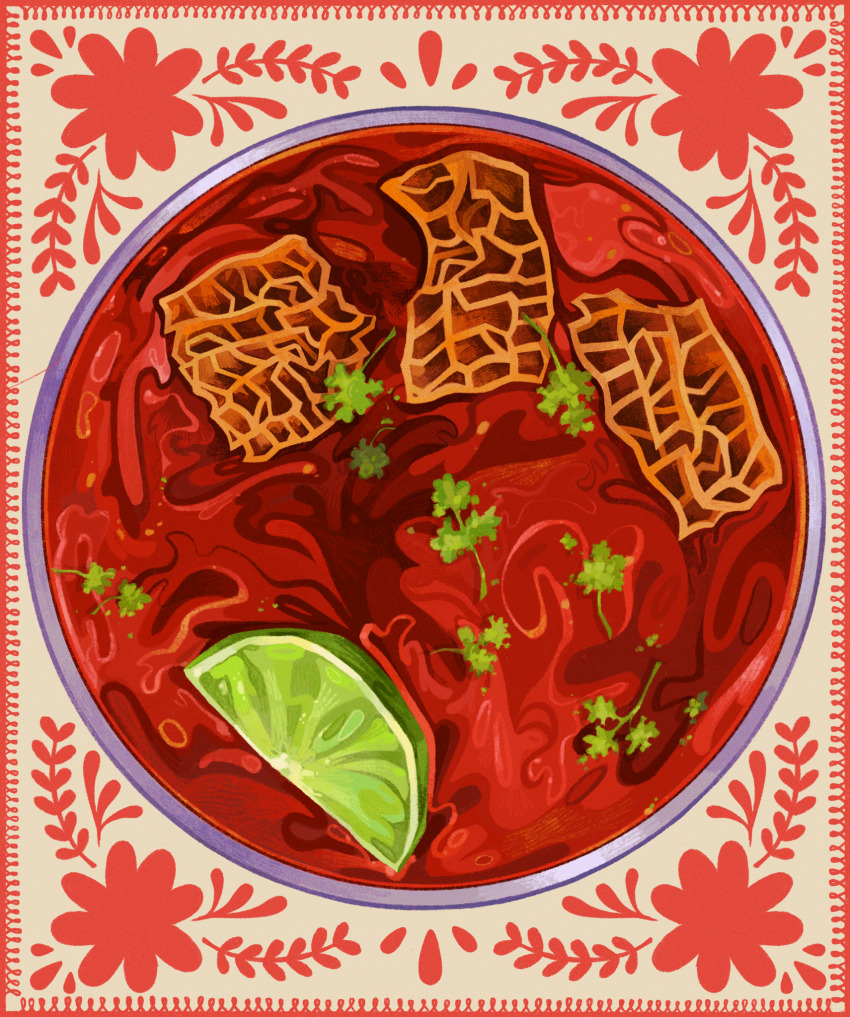 border, bowl, film_grain, floral_print, flower, food, food_focus, fruit