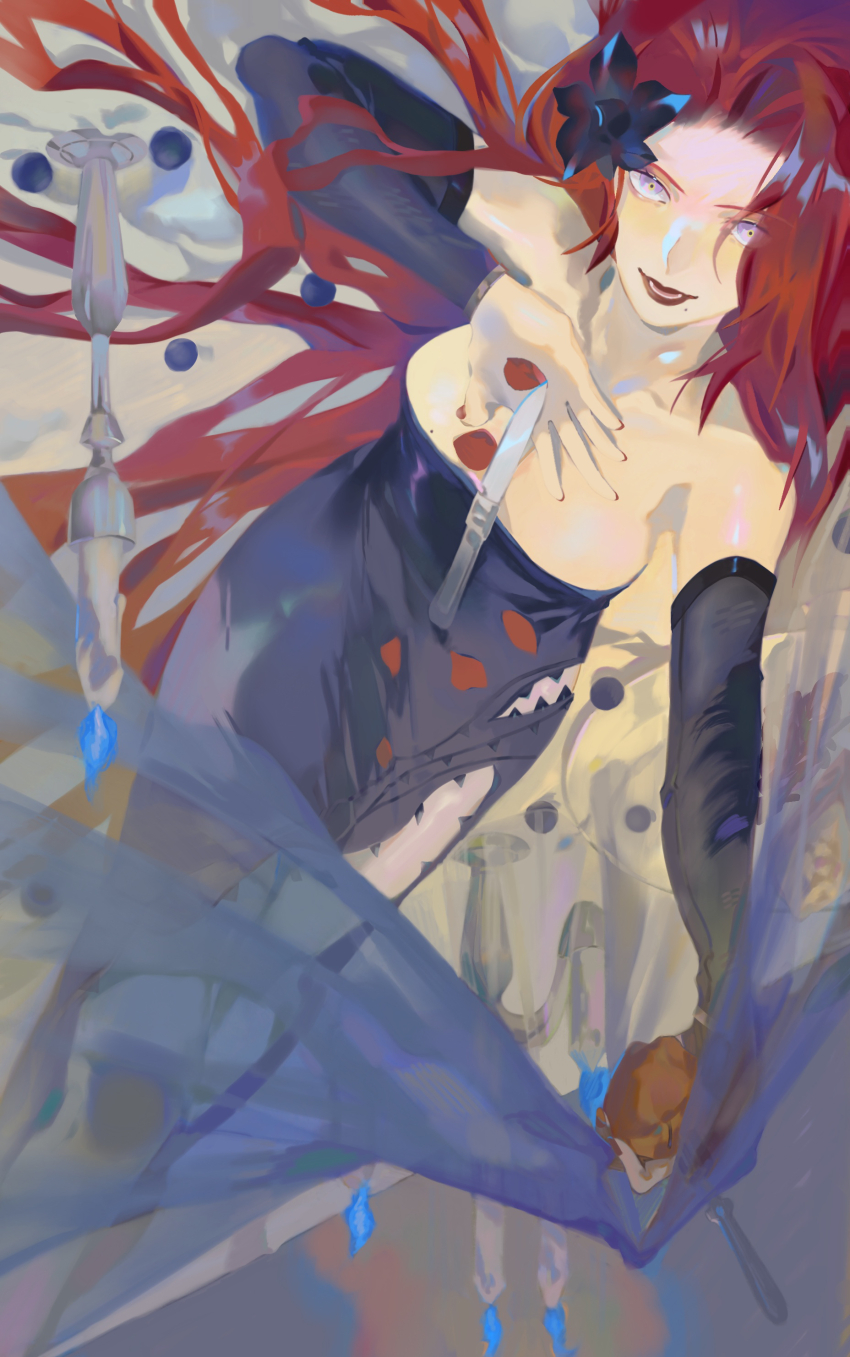 1girl, absurdres, bare_shoulders, black_dress, blue_fire, breasts, cabernet_(path_to_nowhere), candle, candlestand, chinese_commentary, collarbone, commentary, daoyou, detached_sleeves, dress, fire, food, forehead, from_above, fruit, grapes, heart_(organ), highres, holding, holding_heart_(organ), large_breasts, looking_up, lying, mole, mole_under_mouth, on_back, on_table, open_mouth, path_to_nowhere, petals, plate, purple_eyes, red_hair, red_lips, red_petals, smile, solo, strapless, strapless_dress, table, table_knife