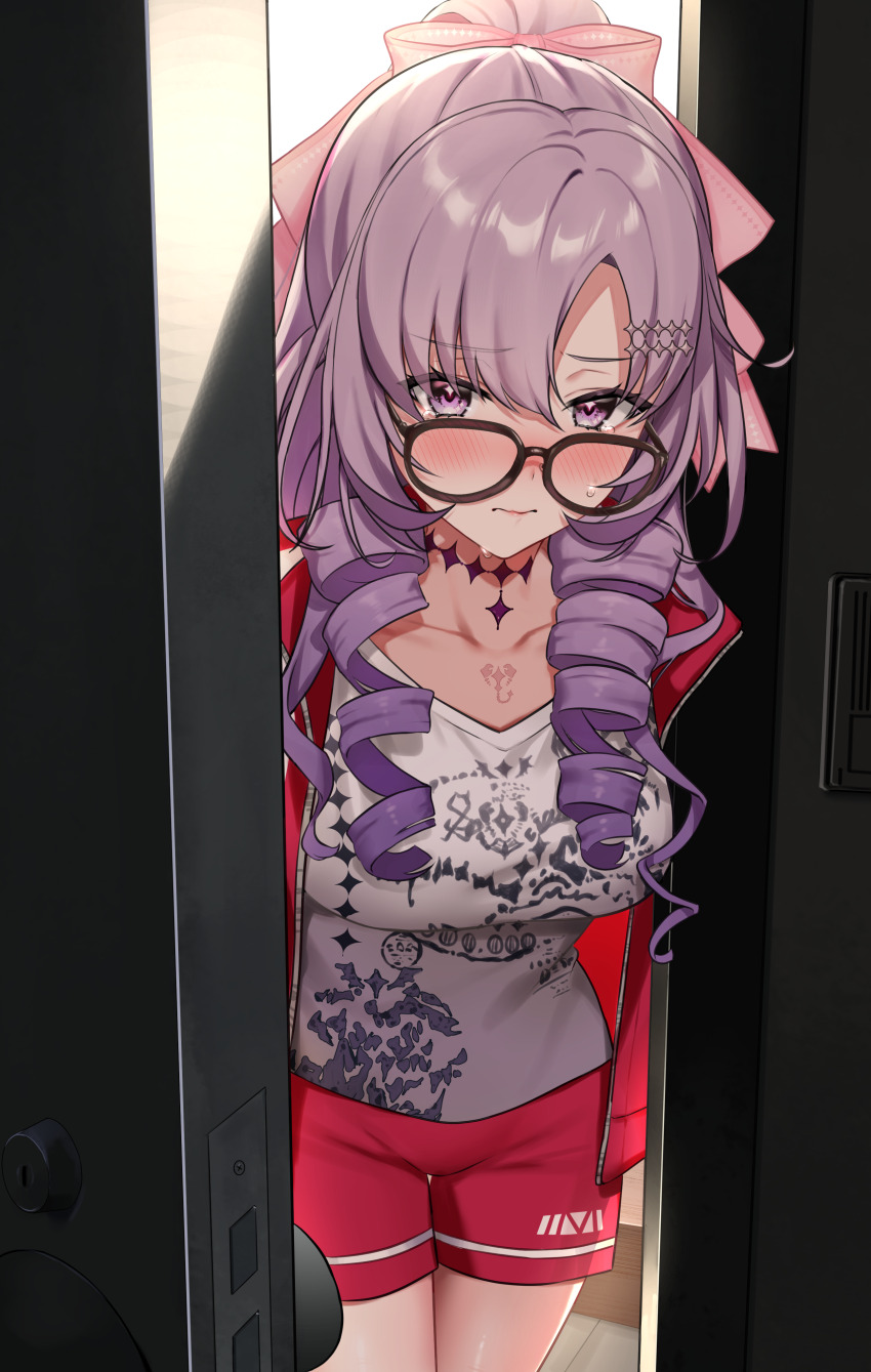 1girl, absurdres, bansyono-mamoribito, bespectacled, black-framed_eyewear, blush, breasts, collarbone