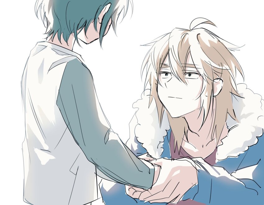 2boys, ahoge, blue_jacket, fur-trimmed_jacket, fur_trim, green_eyes, green_hair, green_sleeves