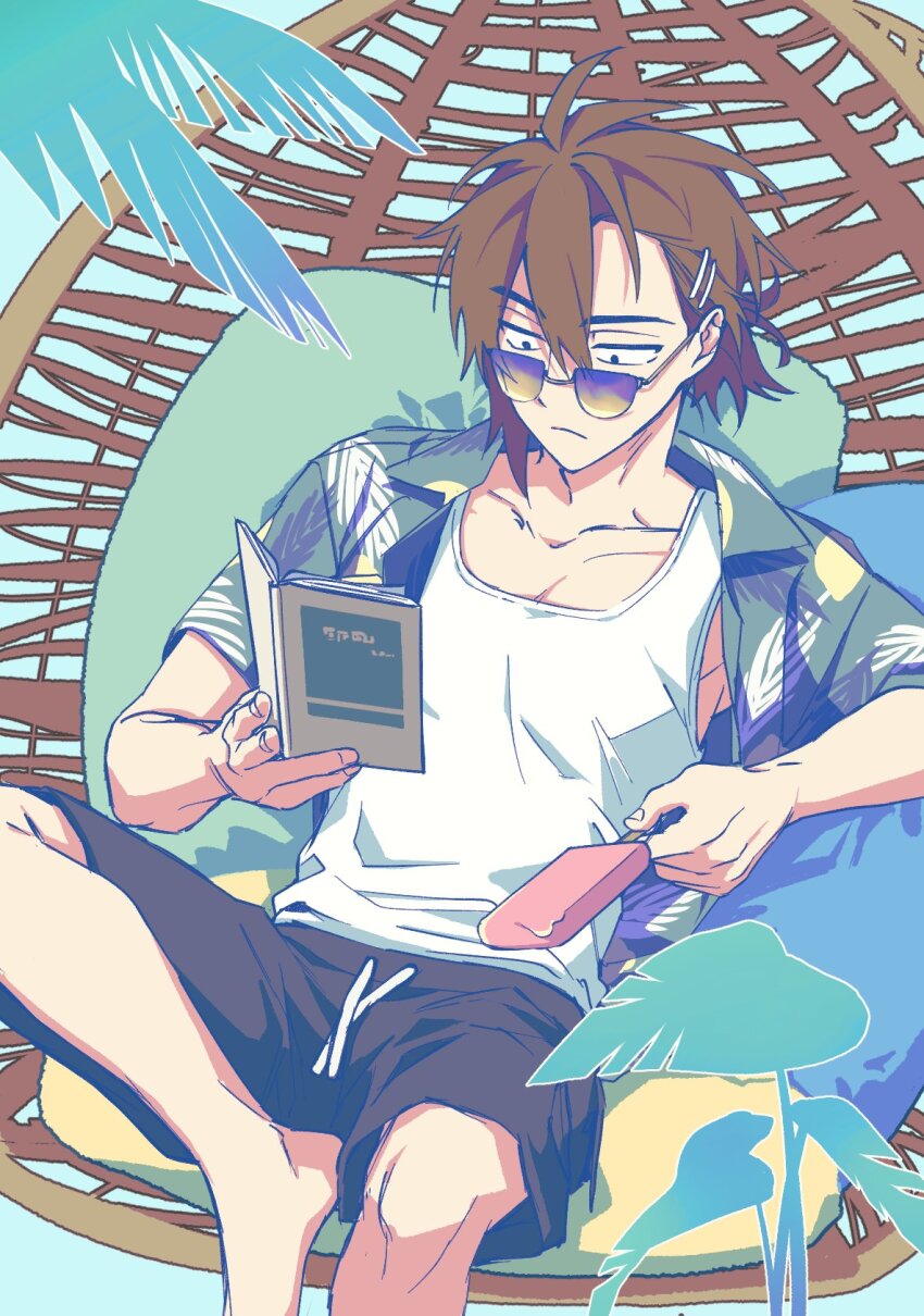 1boy, alternate_costume, barefoot, black_shorts, book, brown_hair, closed_mouth, collarbone