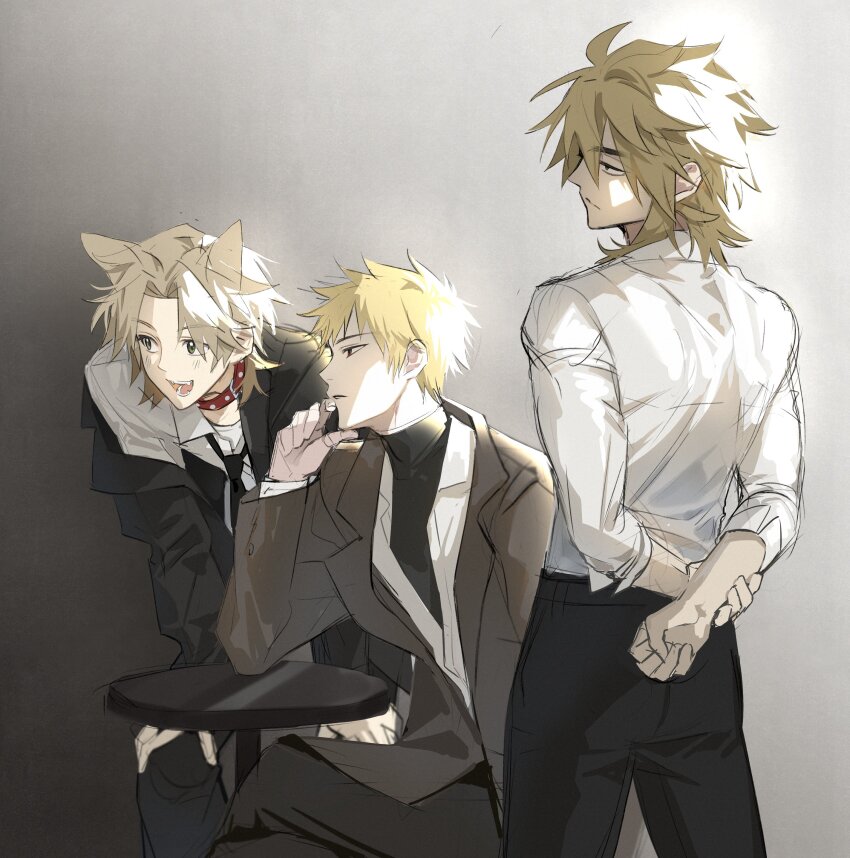 3boys, absurdres, alternate_costume, animal_ears, arms_behind_back, atou_haruki, black_jacket, black_necktie, black_pants, black_sweater, blonde_hair, brown_hair, closed_mouth, collar, commentary_request, dog_boy, dog_ears, green_eyes, grey_jacket, hands_on_own_knees, highres, isoi_reiji, jacket, korean_commentary, light_brown_hair, linu, long_sleeves, male_focus, medium_hair, multiple_boys, necktie, open_clothes, open_jacket, open_mouth, pants, parted_bangs, red_collar, red_eyes, saibou_shinkyoku, shinano_eiji, shirt, short_hair, sleeves_rolled_up, smile, sweater, turtleneck, turtleneck_sweater, white_shirt