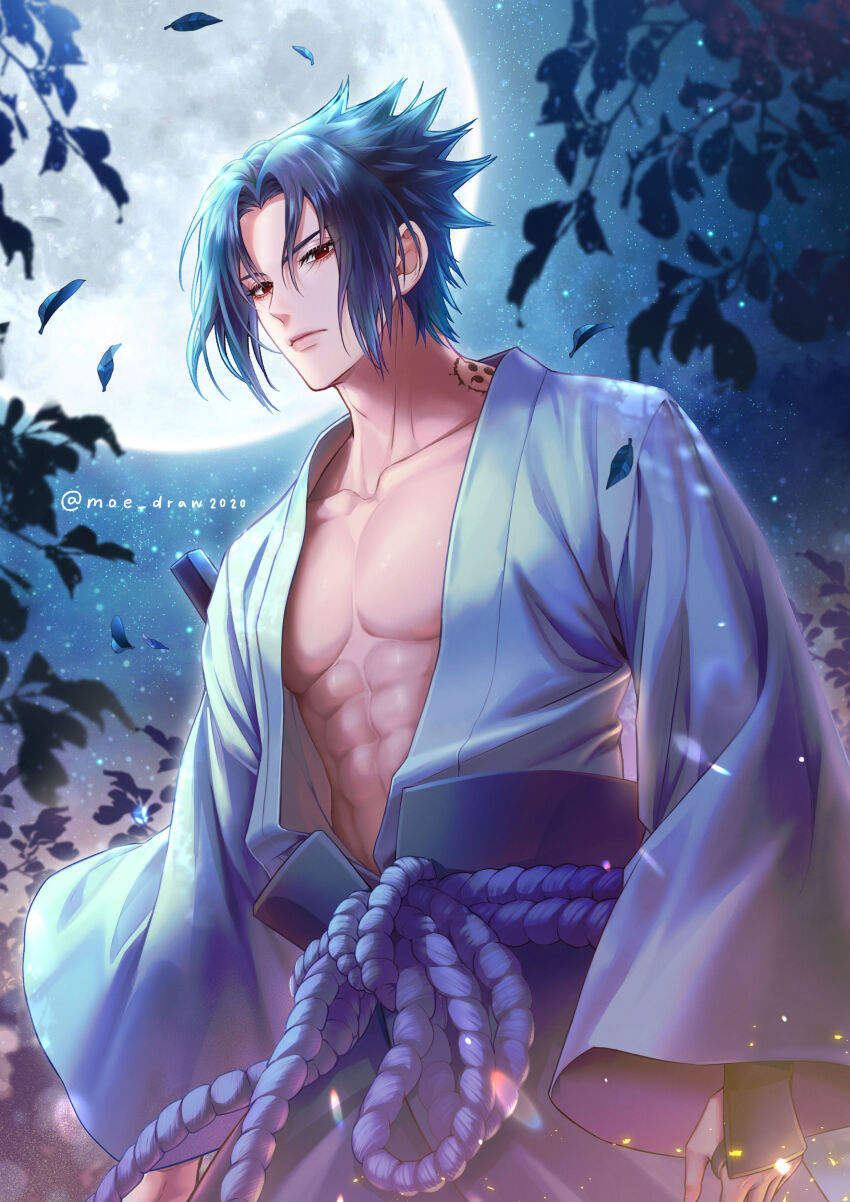 1boy, abs, absurdres, artist_name, black_hair, collarbone, full_moon, highres, japanese_clothes, kimono, looking_at_viewer, moe_draw2020, moon, naruto_(classic), naruto_(series), naruto_shippuuden, night, open_clothes, open_kimono, parted_bangs, pectorals, sky, solo, spiked_hair, standing, tattoo, uchiha_sasuke, wide_sleeves