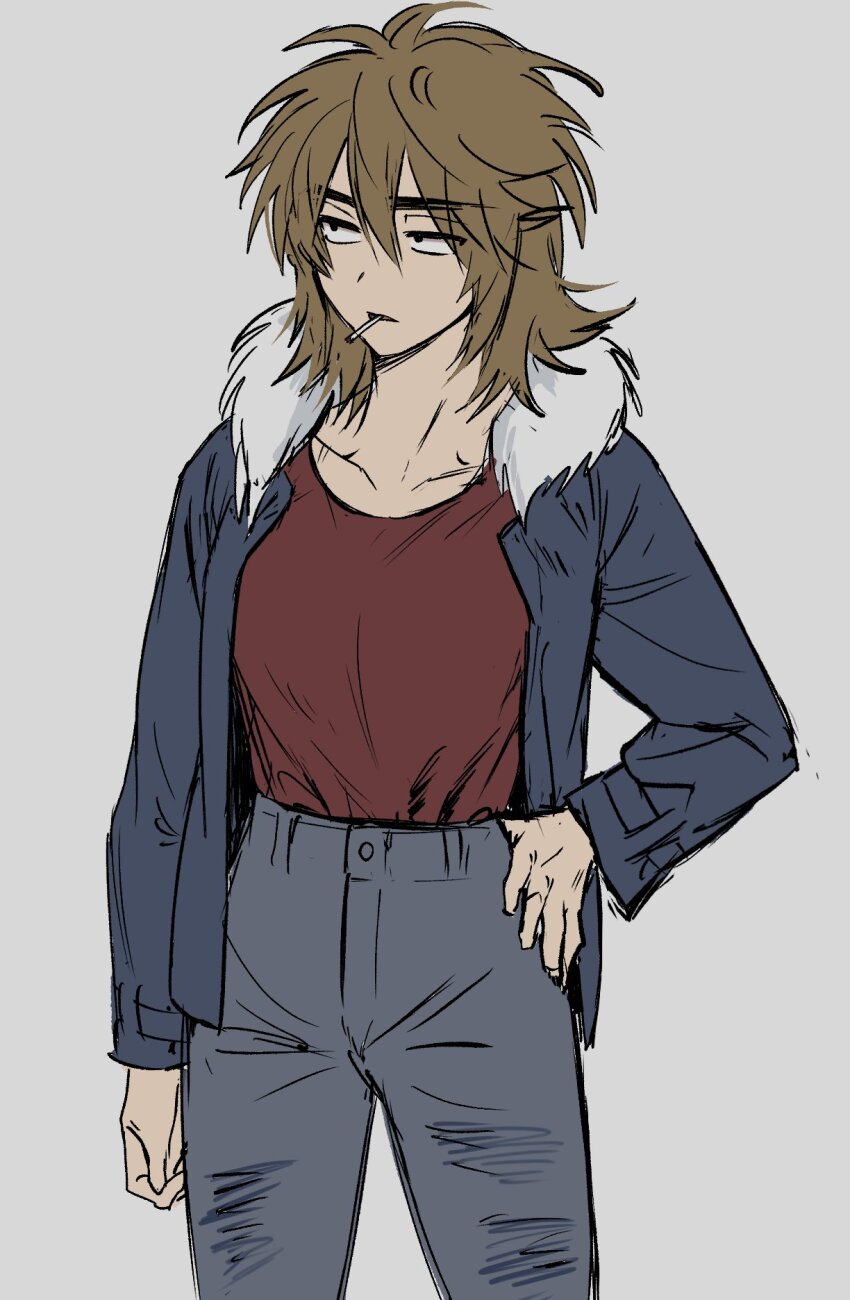 1girl, blue_jacket, brown_hair, cigarette, commentary_request, cowboy_shot, fur-trimmed_jacket, fur_trim, genderswap, genderswap_(mtf), grey_background, grey_pants, hair_between_eyes, hand_on_own_hip, highres, isoi_reiji, jacket, korean_commentary, linu, long_sleeves, medium_hair, open_clothes, open_jacket, pants, red_shirt, saibou_shinkyoku, sanpaku, shirt, simple_background, solo