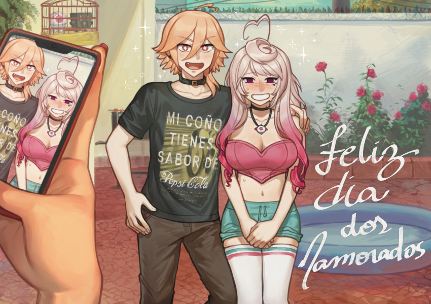 +_+, 1boy, 1girl, 3others, :d, ahoge, aqua_shorts, awkward