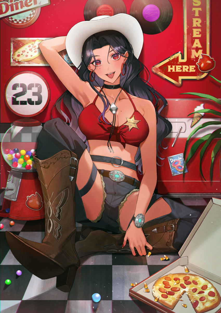 1girl, armpits, bikini, black_choker, boots, breasts, brown_boots, candy