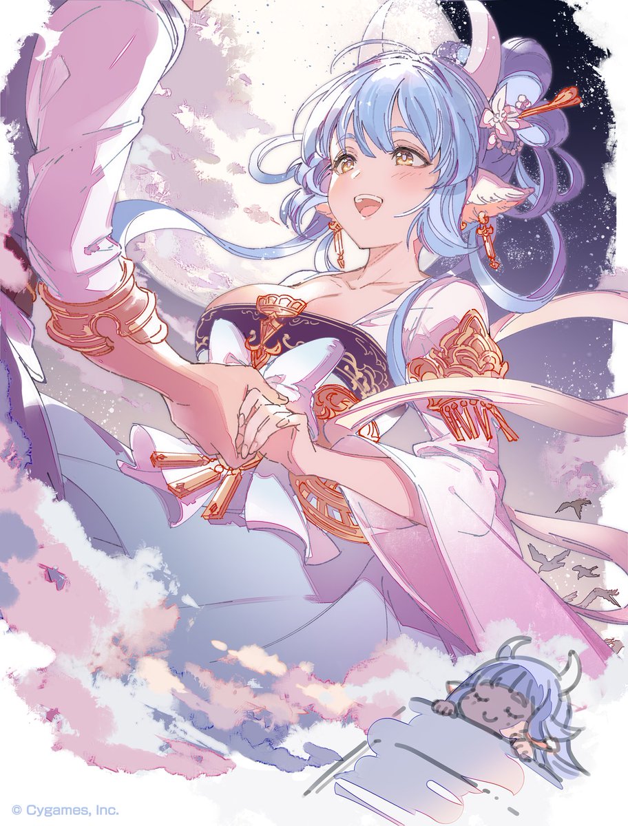 animal_ears, blue_hair, catura_(granblue_fantasy), chinese_clothes, cosplay, cow_ears, cow_girl, cow_horns