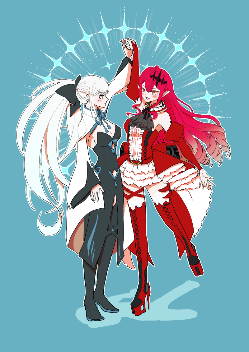 2girls, arm_up, baobhan_sith_(fate), baobhan_sith_(first_ascension)_(fate), black_dress, black_footwear, blue_background, blue_eyes