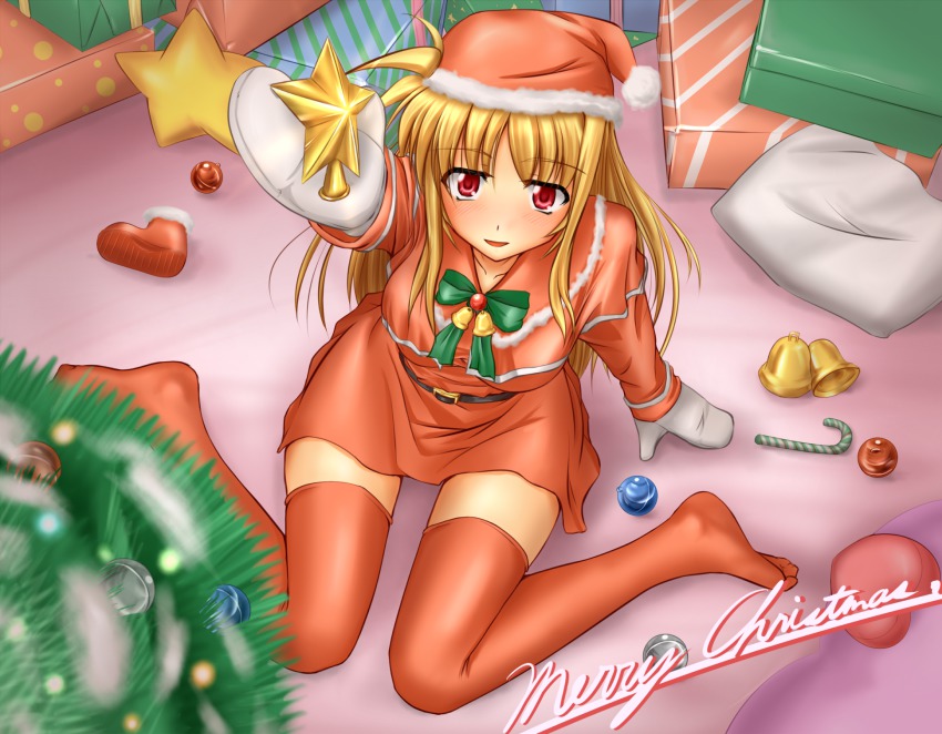 00s, bell, blonde_hair, blush, bow, candy, candy_cane, christmas