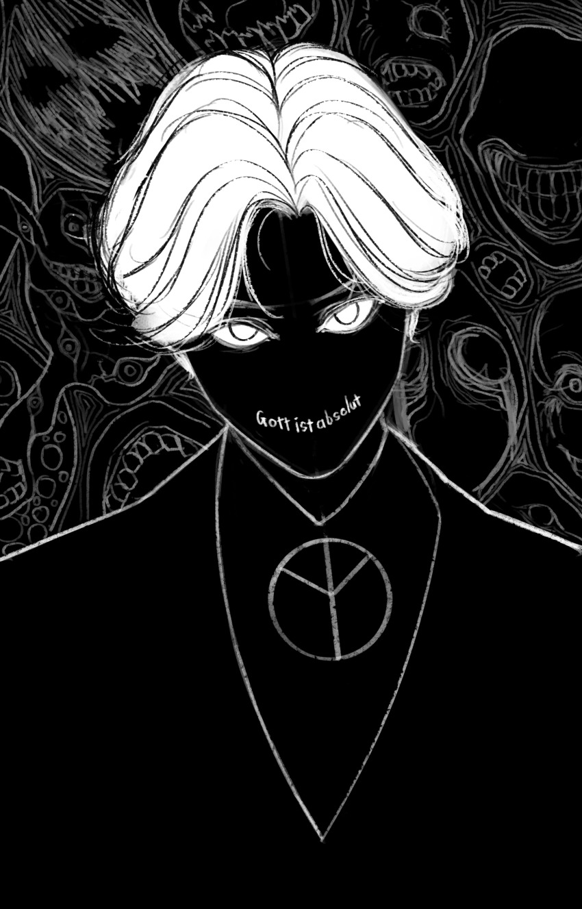 1boy, absurdres, black_background, body_horror, body_writing, choujin_x, german_text, highres