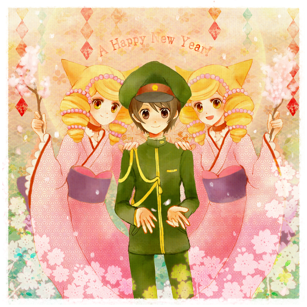 1boy, 2girls, aiguillette, amane_(kotoune), animal_ears, asa_no_ha_(pattern), bad_id, bad_pixiv_id