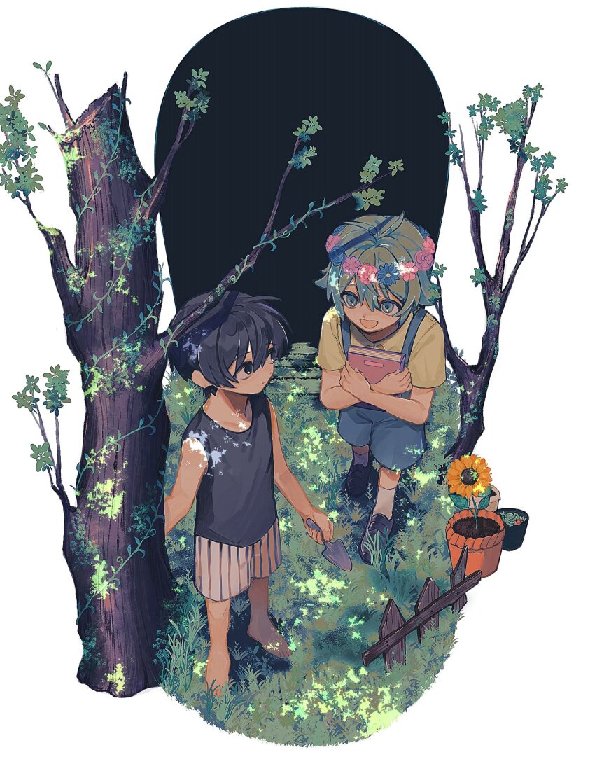 2boys, :d, barefoot, basil_(omori), black_camisole, black_eyes, blue_flower, book