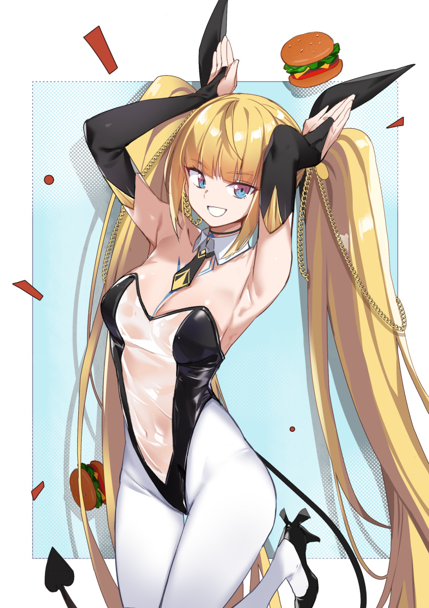1girl, :d, absurdres, armpits, arms_up, bare_shoulders, black_bridal_gauntlets, black_necktie