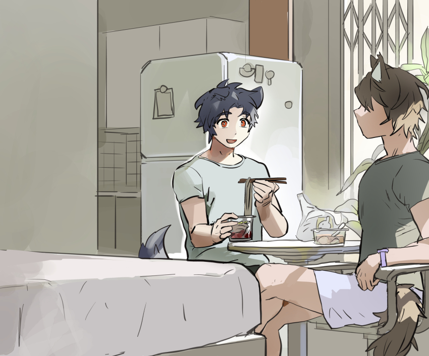 2boys, animal_ears, arknights, bed, black_hair, brown_hair, chair, chopsticks, instant_cup_noodles, dog_boy, dog_ears, dog_tail, food, highres, holding, holding_chopsticks, indoors, instant_noodles, itsme_takk, male_focus, multiple_boys, on_chair, open_mouth, profile, red_eyes, refrigerator, shirt, short_hair, shorts, sidelighting, sitting, t-shirt, table, tail, virtual_youtuber, white_shirt, windflit_(arknights), window