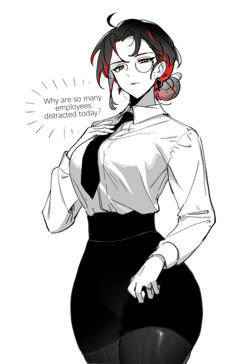 1girl, alternate_costume, arknights, as-zero, breasts, collared_shirt, earrings, english_text, genderswap, gnosis_(arknights), greyscale, high-waist_skirt, highres, jewelry, large_breasts, long_sleeves, miniskirt, monochrome, necktie, office_lady, pencil_skirt, shirt, simple_background, skirt, solo, white_background, white_shirt, yellow_eyes