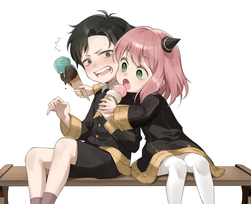 1boy, 1girl, absurdres, anya_(spy_x_family), black_hair, black_shorts, brown_eyes, child, damian_desmond, ddungddang, multiple_scoops, eden_academy_school_uniform, food, green_eyes, highres, ice_cream, open_mouth, pink_hair, school_uniform, shorts, spy_x_family, strawberry_ice_cream, teeth, thighhighs, white_thighhighs
