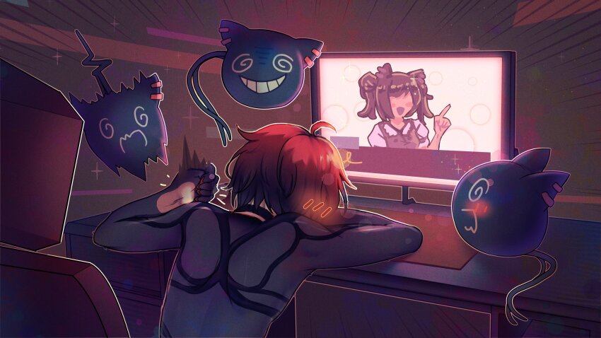 1boy, @_@, absurdres, ahoge, banging, black_choker, black_gloves, black_hair, blush, chair, choker, clenched_hand, creature, desk, from_behind, gloves, highres, holostars, holostars_english, machina_x_flayon, machiroon_(machina_x_flayon), male_focus, monitor, motion_lines, multicolored_hair, ogyuu_art, on_chair, red_hair, short_hair, sitting, solo, sparkle, tail, upper_body, virtual_youtuber, visual_novel