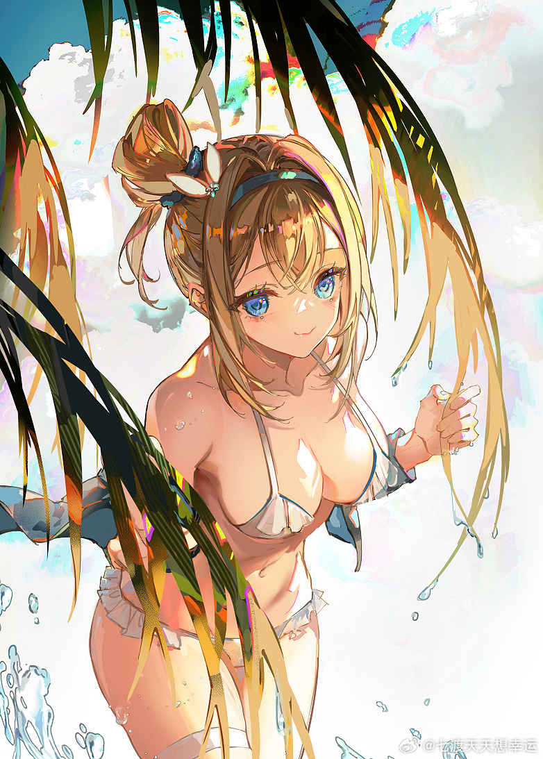 1girl, bikini, blonde_hair, blue_eyes, blue_hairband, blue_jacket, blue_scrunchie, blue_sky, breasts, chinese_commentary, cleavage, closed_mouth, cloud, cloudy_sky, commentary_request, cowboy_shot, frilled_bikini, frills, girls'_frontline, girls'_frontline_2:_exilium, hair_between_eyes, hair_bun, hair_ornament, hair_scrunchie, hairband, jacket, looking_at_viewer, off_shoulder, official_alternate_costume, official_alternate_hairstyle, open_clothes, open_jacket, qi_du_tiantian_xiang_xingyun, scrunchie, single_hair_bun, sky, smile, solo, suomi_(girls'_frontline), suomi_(girls'_frontline_2), suomi_(midsummer_pixie)_(girls'_frontline), swimsuit, thigh_strap, watermark, weibo_watermark, white_bikini