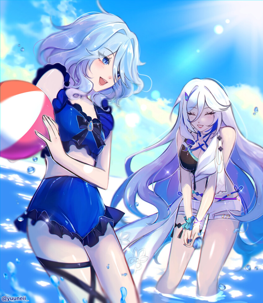 absurdres, ball, bare_legs, bare_shoulders, beachball, bikini, blue_bikini, blue_eyes