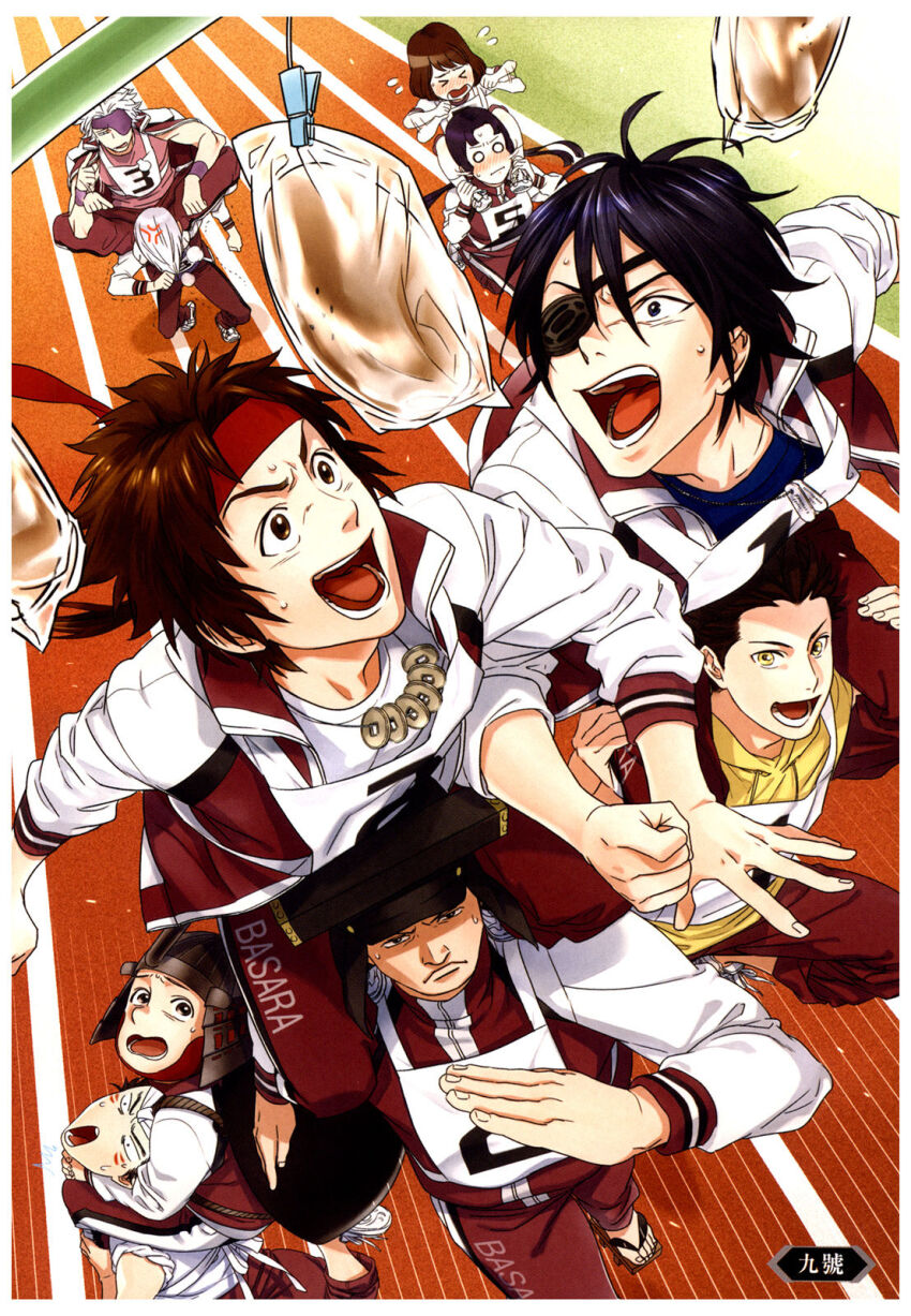 2girls, 6+boys, :d, anger_vein, armor, artist_request, black_hair, blue_shirt