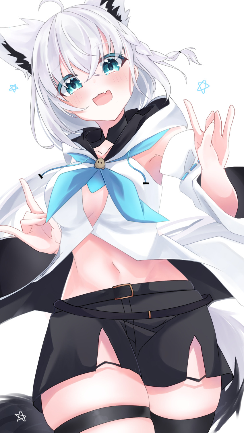 1girl, absurdres, ahoge, animal_ear_fluff, animal_ears, black_shorts, black_thighhighs, blue_neckerchief