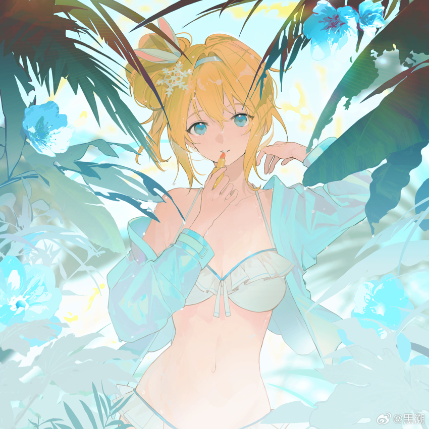 1girl, bikini, blonde_hair, blue_eyes, blue_hairband, blue_jacket, breasts, chinese_commentary, commentary_request, cosmetics, flower, frilled_bikini, frills, girls'_frontline, girls'_frontline_2:_exilium, hair_between_eyes, hair_bun, hair_ornament, hairband, hand_up, highres, holding, holding_lipstick_tube, jacket, kurohush, lipstick_tube, looking_at_viewer, navel, official_alternate_costume, official_alternate_hairstyle, open_clothes, open_jacket, parted_lips, short_hair, single_hair_bun, snowflake_hair_ornament, solo, stomach, straight-on, suomi_(girls'_frontline), suomi_(girls'_frontline_2), suomi_(midsummer_pixie)_(girls'_frontline), swimsuit, upper_body, vegetation, watermark, weibo_watermark, white_bikini