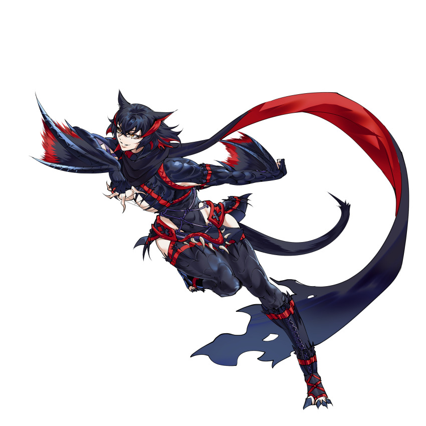 1girl, absurdres, arm_blade, black_hair, breasts, clothing_cutout, crossed_bangs, hair_between_eyes