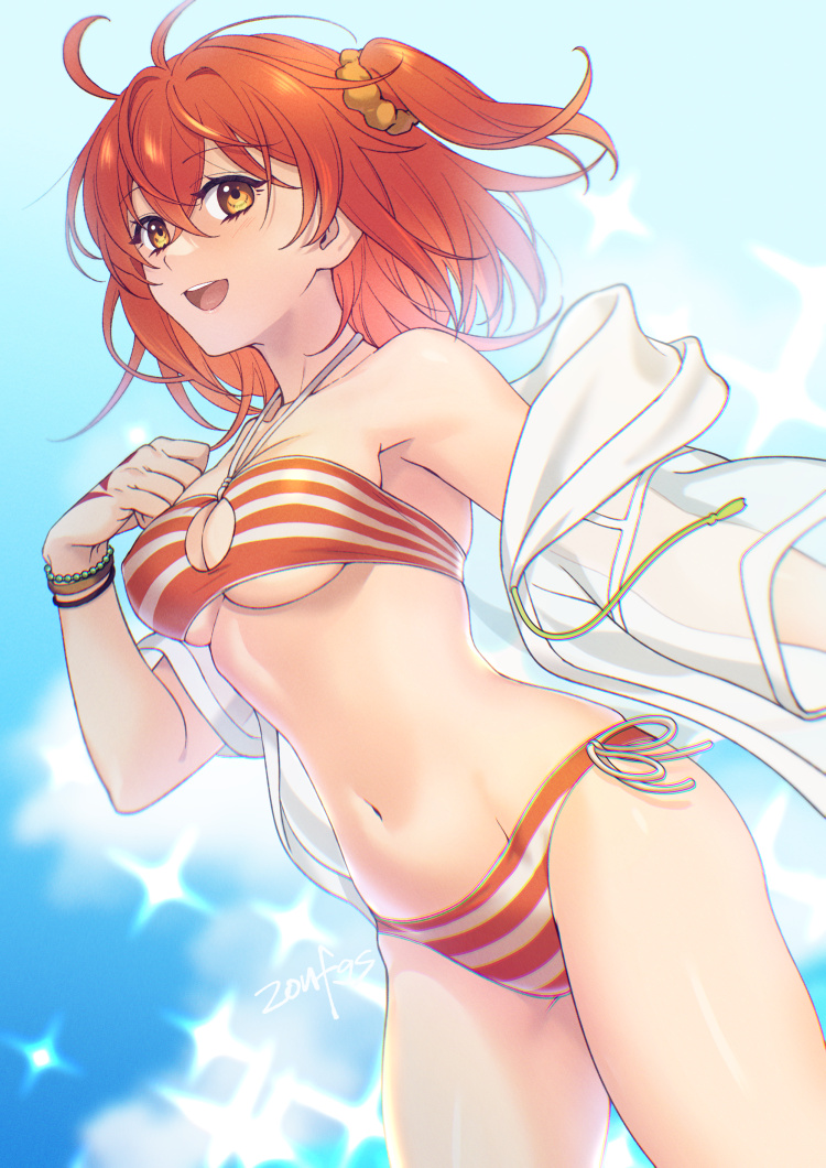1girl, bikini, breasts, command_spell, commentary_request, fate/grand_order, fate_(series), floating_hair, fujimaru_ritsuka_(female), fujimaru_ritsuka_(female)_(brilliant_summer), hair_between_eyes, hair_ornament, hair_scrunchie, looking_at_viewer, medium_breasts, navel, orange_eyes, orange_hair, scrunchie, side_ponytail, signature, solo, stomach, swimsuit, yellow_scrunchie, zanshi