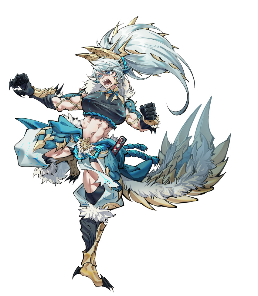 1girl, abs, absurdres, blue_eyes, breasts, clawed_gauntlets, clenched_hand, colored_eyelashes, fighting_stance, hair_between_eyes, high_ponytail, highres, lanmizu2002, large_breasts, leg_up, long_hair, monk, monster_girl, monster_hunter_(series), muscular, muscular_female, navel, open_mouth, personification, pointy_ears, ponytail, sharp_teeth, solo, spiked_tail, spikes, stomach, tail, teeth, white_eyelashes, white_fur, white_hair, zinogre