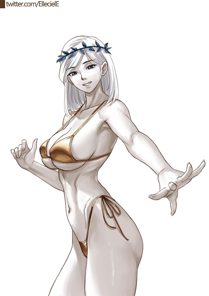 1girl, bikini, blue_eyes, breasts, collarbone, commentary, cowboy_shot, elleciel.eud, fear_&amp;_hunger, fear_&amp;_hunger_(series), fear_&amp;_hunger_1, gold_bikini, grin, hand_up, head_wreath, highleg, highleg_bikini, large_breasts, looking_at_viewer, medium_hair, navel, nilvan_(fear_&amp;_hunger), outstretched_arm, ribs, sepia, side-tie_bikini_bottom, simple_background, smile, solo, spot_color, standing, swept_bangs, swimsuit, twitter_username, white_background, white_hair