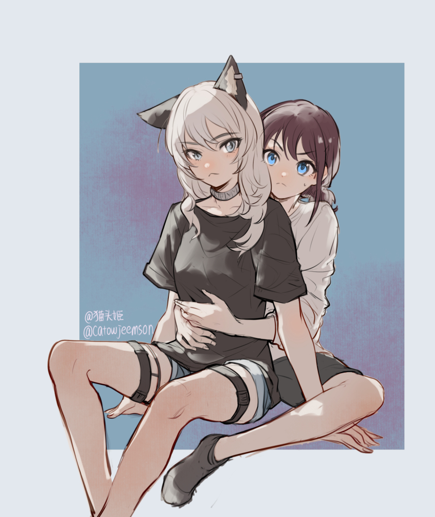 2girls, animal_ears, between_legs, black_shirt, black_socks, blue_eyes, cat_ears, catowjeemson