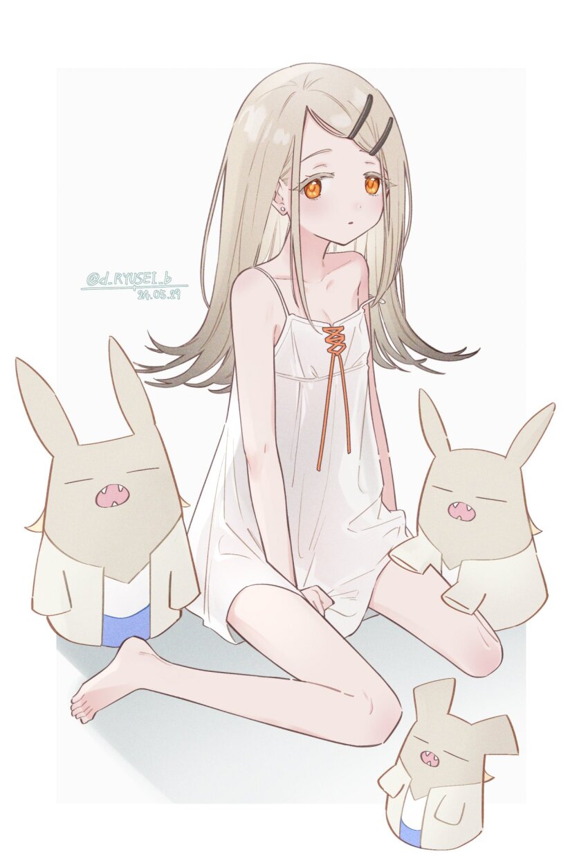 1girl, bare_shoulders, barefoot, breasts, brown_hair, cleavage, collarbone, dated