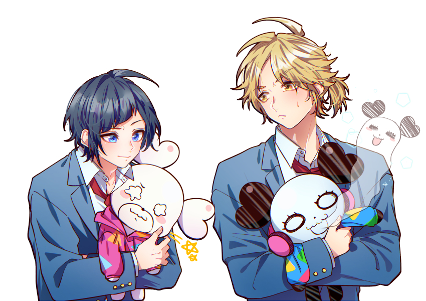 2boys, absurdres, blue_eyes, blue_hair, buttoned_cuffs, buttons, closed_mouth, collared_shirt