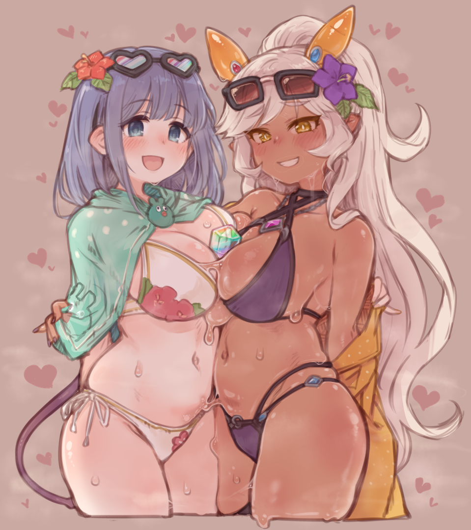 2girls, 7010, :d, arms_behind_back, bikini, blue_eyes, blue_hair, blush, breast_press, bright_pupils, brown_background, capelet, commentary_request, cowboy_shot, criss-cross_halter, cropped_legs, dark-skinned_female, dark_skin, dot_nose, eyewear_on_head, floral_print, grin, hair_ornament, halterneck, happy, heart, jewelry, long_hair, looking_at_viewer, medium_hair, midriff, misora_(princess_connect!), multi-strapped_bikini_bottom, multiple_girls, navel, nea_(princess_connect!), nea_(summer)_(princess_connect!), open_mouth, ponytail, princess_connect!, purple_bikini, side-tie_bikini_bottom, simple_background, skindentation, smile, standing, steam, sunglasses, sweat, swimsuit, symmetrical_docking, tail, very_long_hair, white_bikini, white_hair, white_pupils, yellow_eyes, yuri